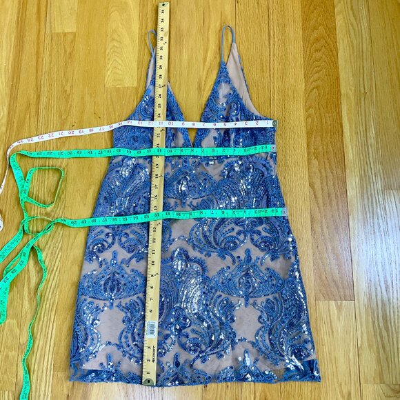 Free People Dress Mini Party Blue Night Shimmers Sequins Plunging V-Neck Glam 10 - Picture 7 of 8